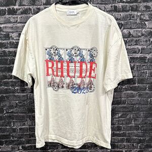 Rhude Graphic Stamp Tee with Red and Blue Accents in Vintage White!